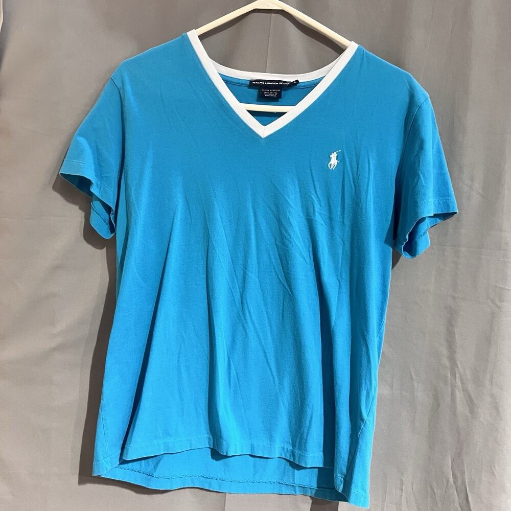 Ralph Lauren Polo Sport V-neck t-shirt in turquoise blue Size L Retro TG2071